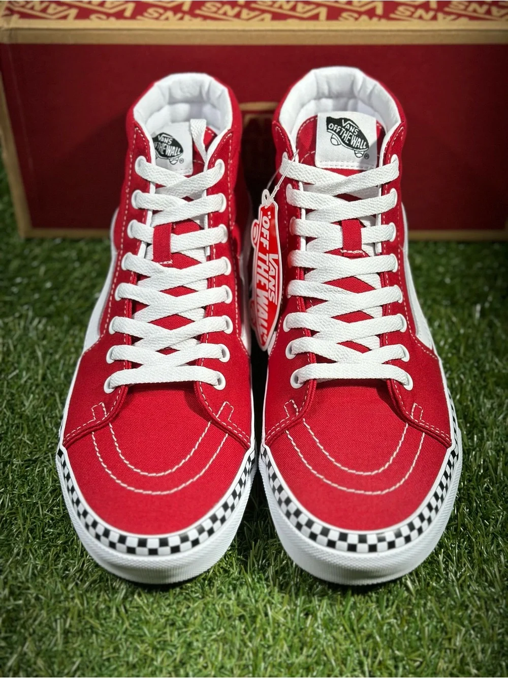 Vans SK8-HI  Check Foxing, Red/White with Checkerboard Trim, Men’s 8,VN0A38GEVS5